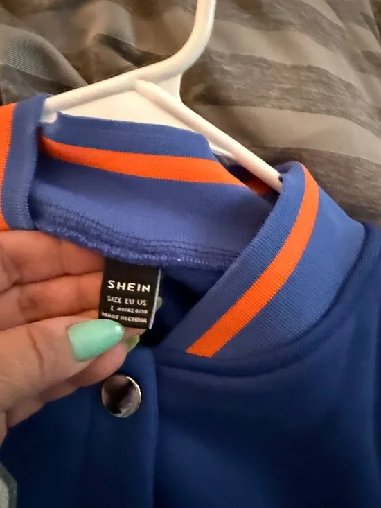 SHEIN Blue & Orange Varsity Crop Jacket with White 'S' Patch - Picture 3 of 3